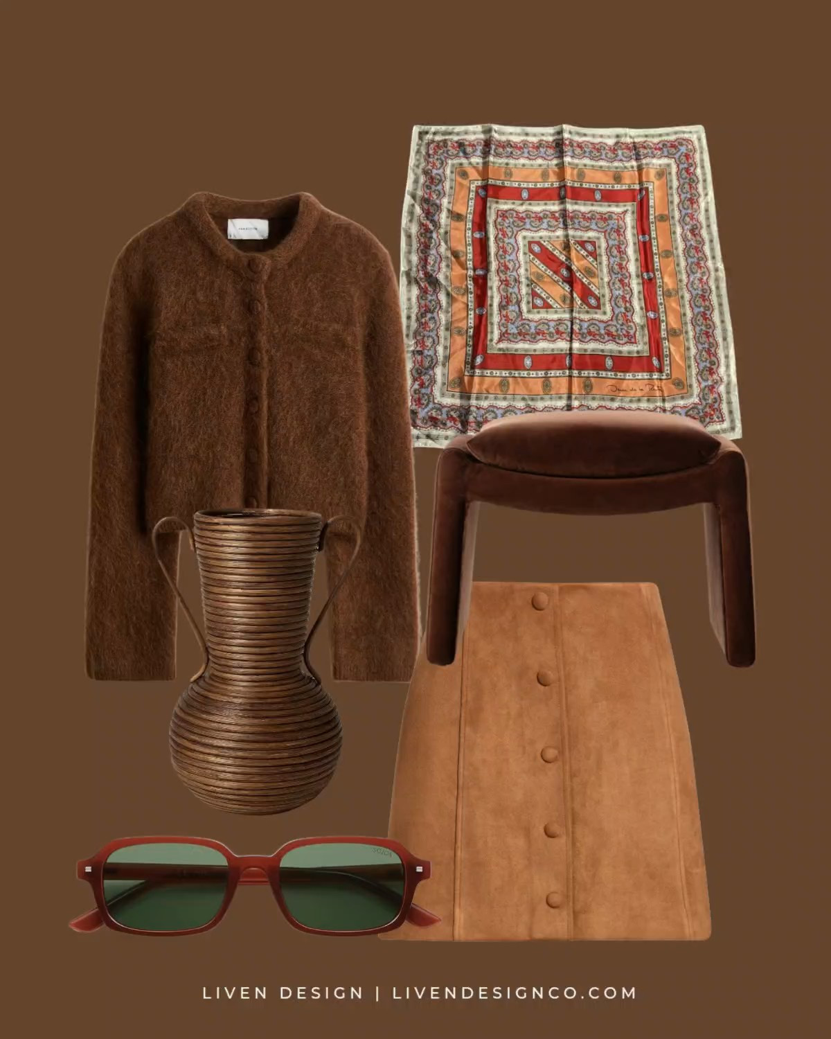 New discoveries. Style inspiration. Brown cardigan. Lady sweater. Paisley scarf. Satin scarf. Woven rattan vase. Target decor. Affordable decor. Home decor. Velvet accent stool. Suede mini skirt. Red sunglasses 

#LTKSeasonal #LTKHome #LTKSaleAlert