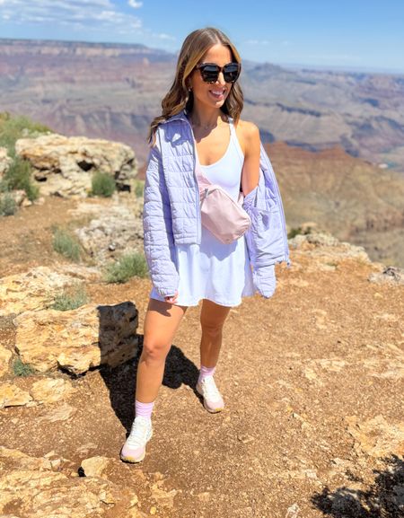 Grand Canyon outfit. Zion outfit. Hiking outfit. Athleisure. Summer outfit. Activewear. Amazon athletic dress with open back shorts for easy bathroom access in XS. Free People poppy packable puffer in XS, purple heather. Lululemon belt bag 2L. Veja hiking shoes - whole sizes only so size up if you are a half size!

#LTKFitness #LTKActive #LTKShoeCrush