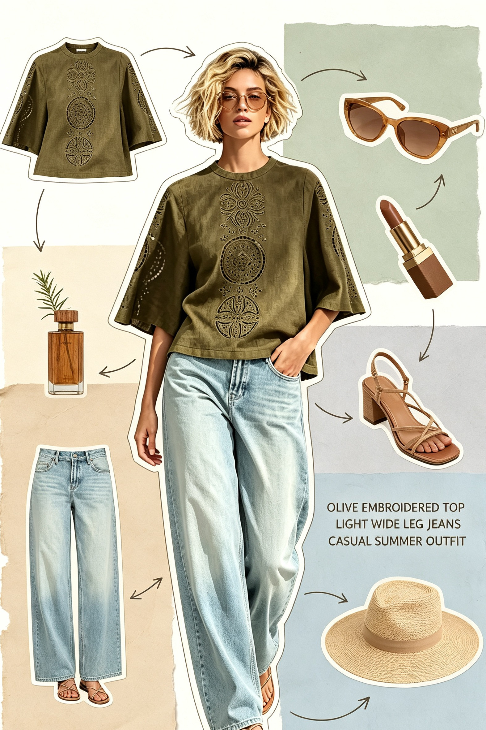 Olive Eyelet Embroidered Flare Sleeve Top & Light Wash Wide Leg Jeans Casual Summer Outfit
#EmbroideredTopJeans
#SummerCasualStyle
#WideLegDenimOutfit 

 #LTKootd #LTKOver40 #LTKWorkwear