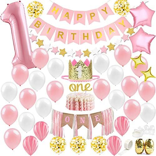 Baby Girl First Birthday Decorations - 1st Birthday Girl Decoration Pink Gold Party Supplies - Ha... | Amazon (US)
