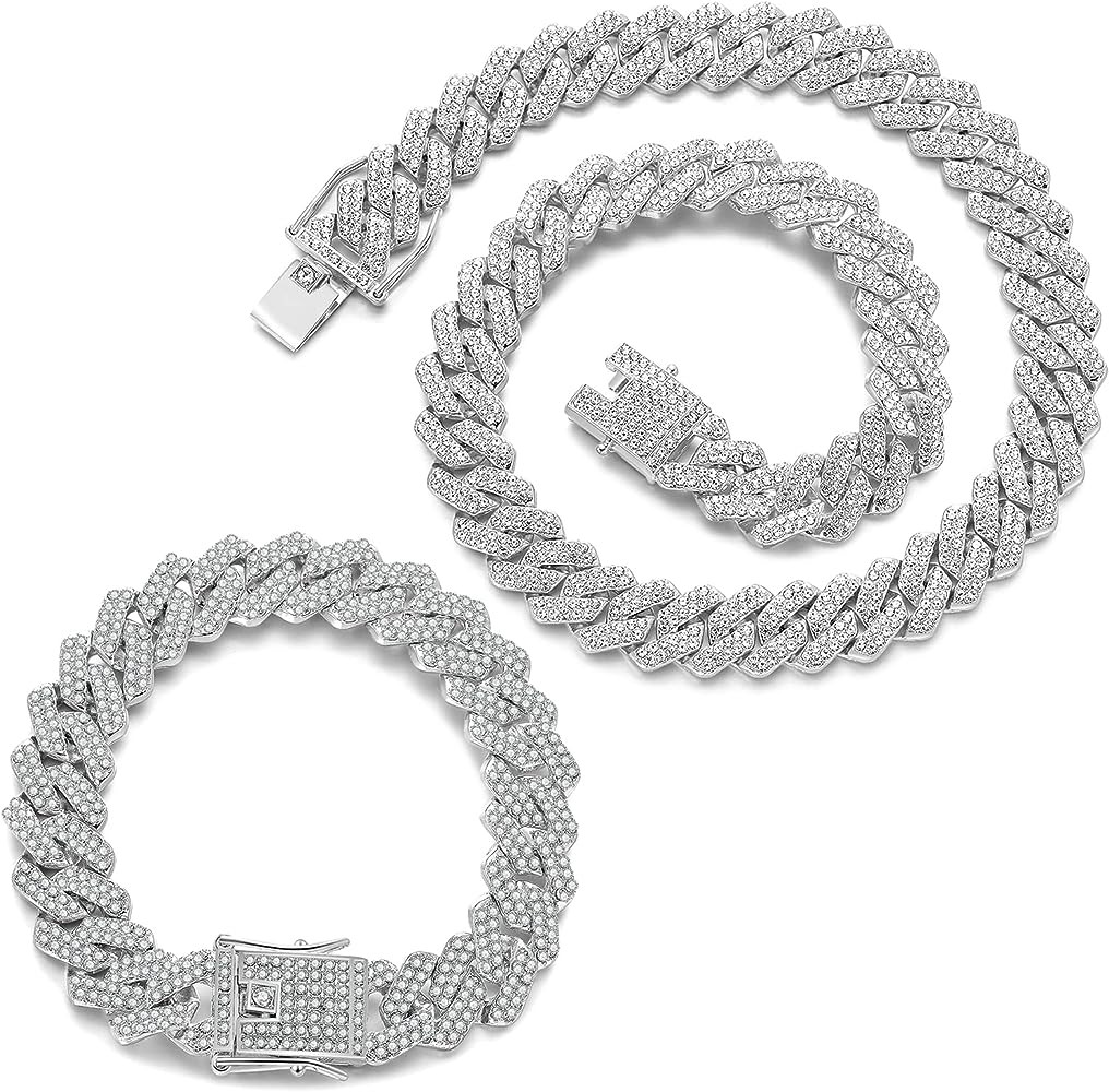 JUNVirtuous 2 Pieces Cuban Link Chain Mens Iced Out Miami Cuban Necklace and Bracelet Silver Blin... | Amazon (US)