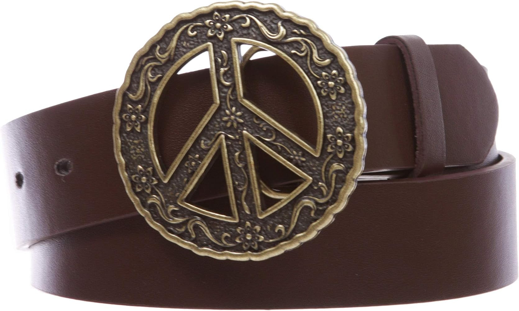 1 1/2" Snap On Belt With Round Perforated Floral Engraving Peace Sign Belt Buckle | Amazon (US)