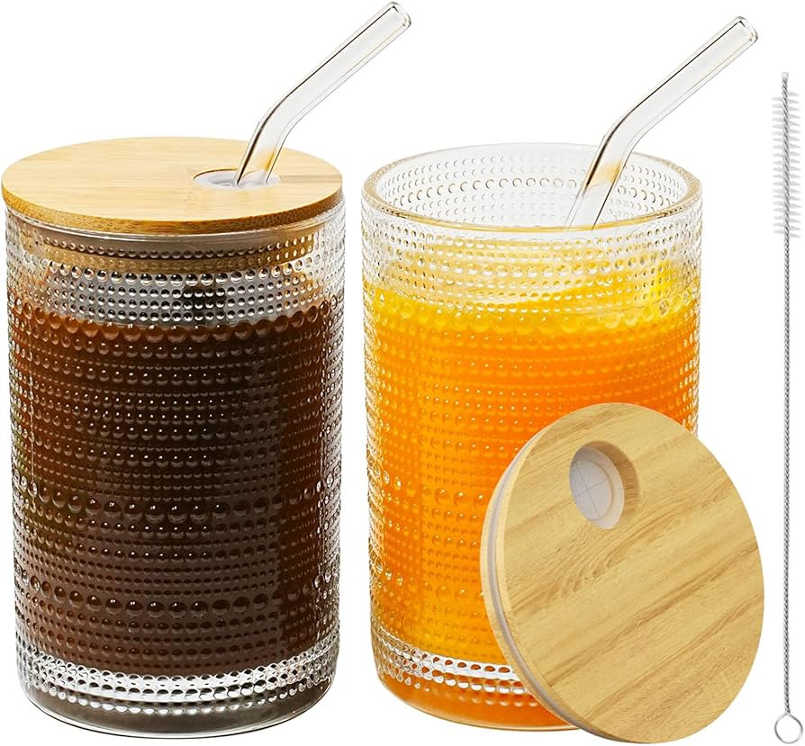15OZ Glass Cup with Lid and Straw, Vintage Embossed Glassware for Whiskey Cocktail Beer, Iced Cof... | Amazon (US)
