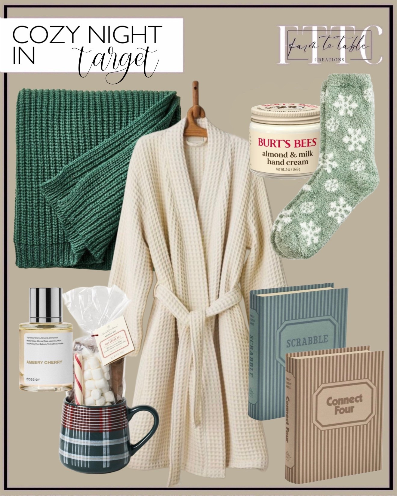 Cozy Night In from Target – Soft Loungewear, Games & At-Home Comforts

Follow @farmtotablecreations on Instagram for daily home & lifestyle finds 🤍

Everything you need for the perfect cozy night in, all from Target. This collection is centered around comfort and simple, feel-good moments at home — a plush waffle robe for winding down, fuzzy winter socks to stay warm, nourishing Burt’s Bees hand cream for dry winter skin, and a chunky knit throw to curl up with. Add in a favorite mug with marshmallows, a soft everyday fragrance, and classic board games like Scrabble and Connect Four for an easy, no-phones kind of night. Perfect for gifting, staying in, or creating a little self-care routine you’ll actually use all season long.

#cozynightin #targetfinds #targetstyle #cozyathome #selfcaregifts #giftideasforher #loungewear #robes #cozysocks #boardgames #wintercozy #athomeroutine #cozyvibes

#LTKHome #LTKGiftGuide #LTKselfcare