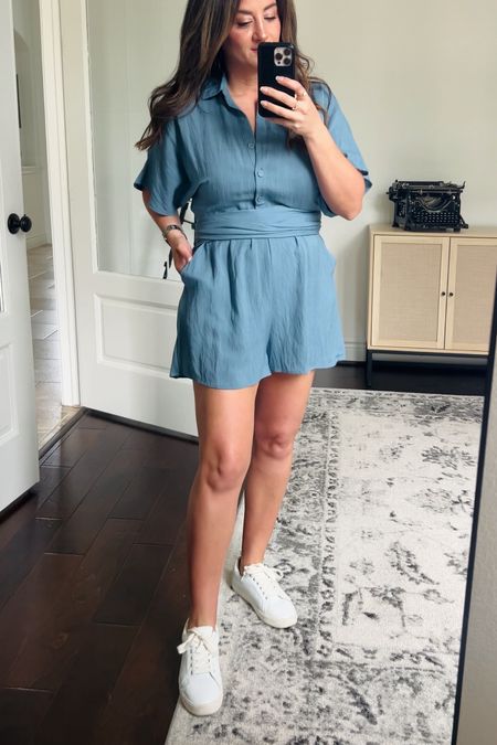 Lightweight romper with belt that is not detachable. You can tie belt in the front or back. Great for a vacation outfit. 

#LTKstyletip #LTKSeasonal #LTKover40