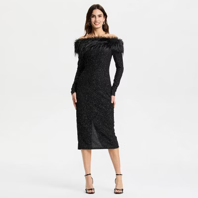 Women's Long Sleeve Faux Fur Off the Shoulder Midi Dress - A New Day™ | Target