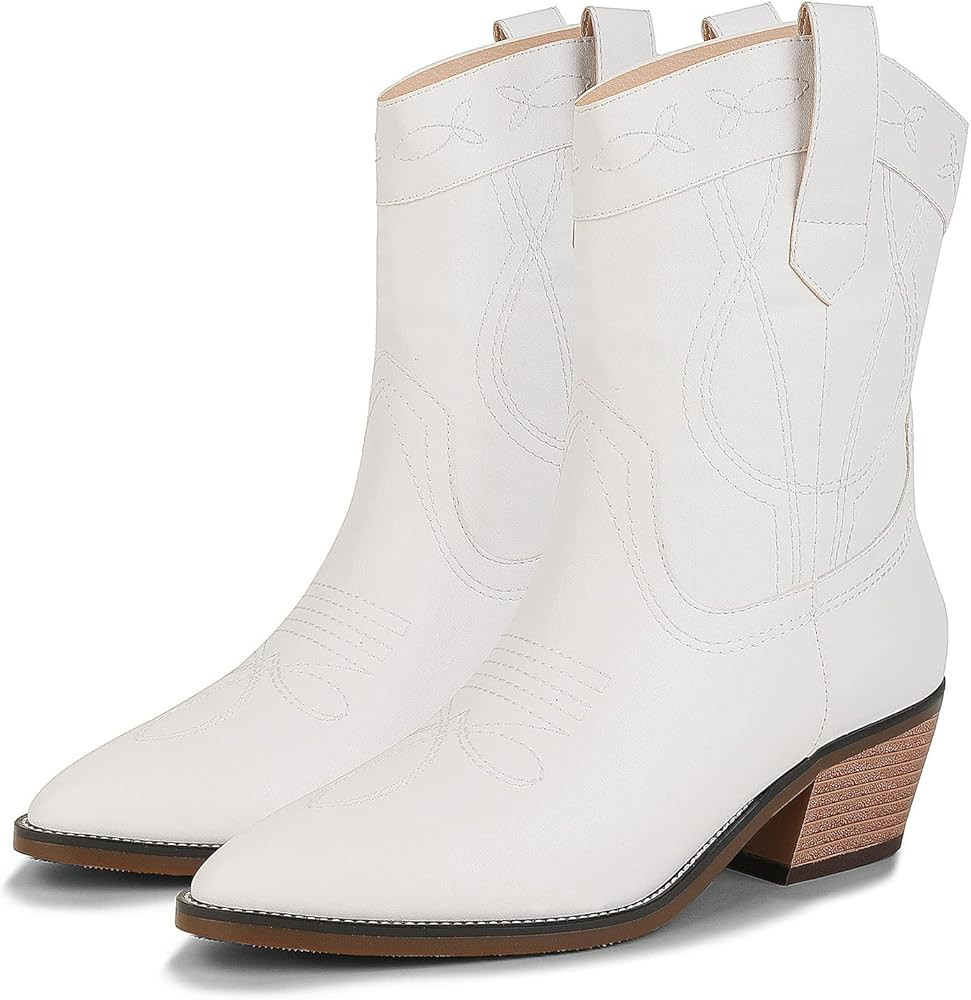 Easyfox Cowboy Boots for Women Embroidered Mid Calf Cowgirl Boots Women Square Toe Western Boots Low | Amazon (US)