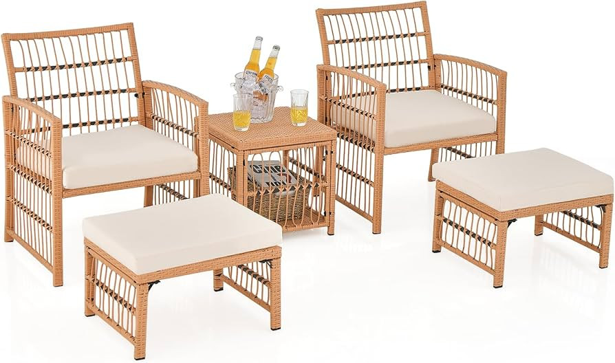 Tangkula 5 Piece Patio Wicker Sofa Set, Outdoor Rattan Conversation Set with Seat Cushions, 2-Tie... | Amazon (US)