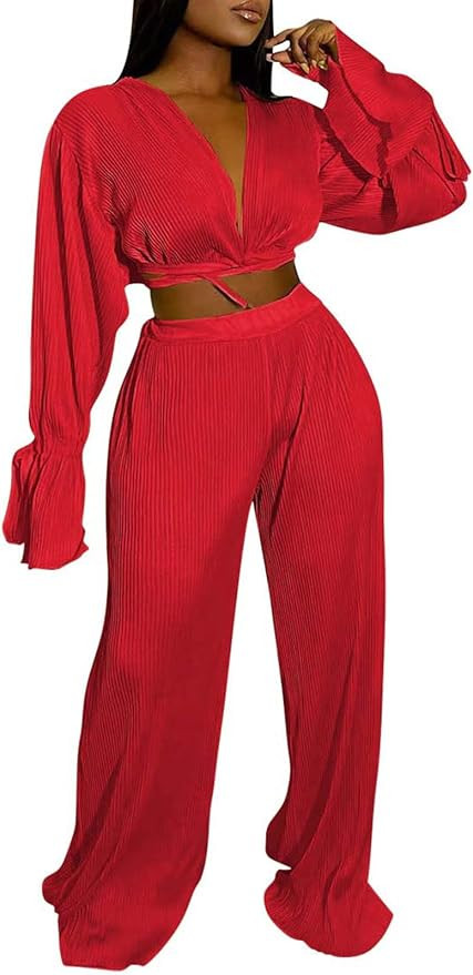 KEYUFANG 2 Piece Outfits for Women 90s Casual Boho Trendy Muse Shirt Wide Leg Pants Solid Daily P... | Amazon (US)