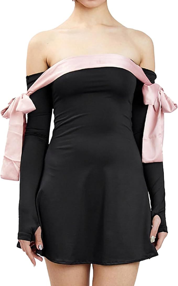 DSORVICD Women Off Shoulder Mini Dress Strapless Long Sleeve Patchwork Ruffle Dress Fairy Bodycon... | Amazon (US)