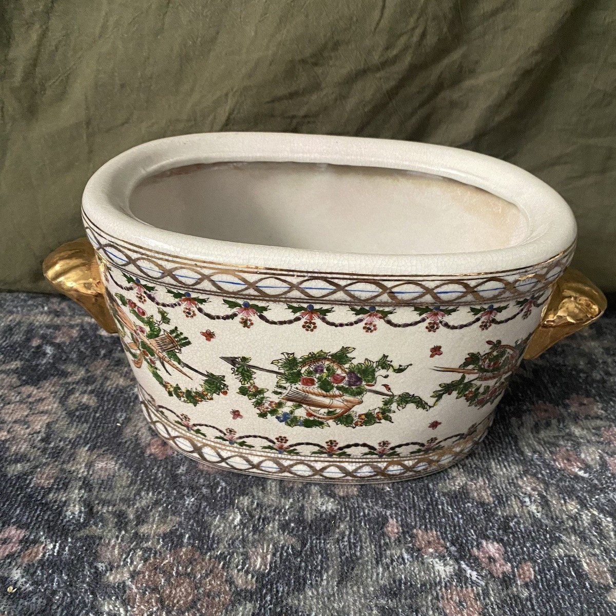 Vintage Floral Porcelain Planter Crackle Glaze, Golden Handles | eBay US