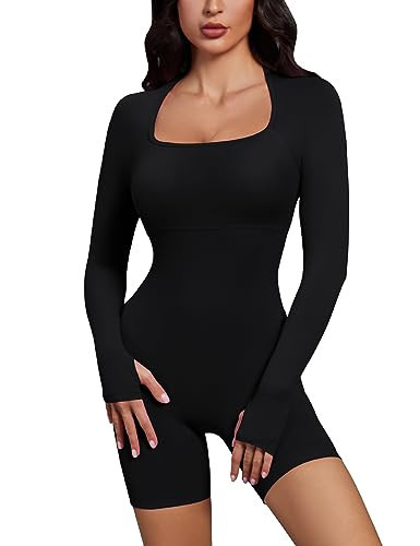 Micoson Black Jumpsuits for Women Dressy Sexy Long Sleeve Shorts Yoga Rompers Unitard Bodysuits Padded Bra with Thumb Holes S | Amazon (US)