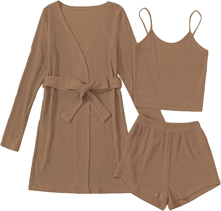 Verdusa Women's 3 Piece Cami Top & Shorts Lounge Sleepwear Pajama Set with Robe Mocha Brown L at ... | Amazon (US)