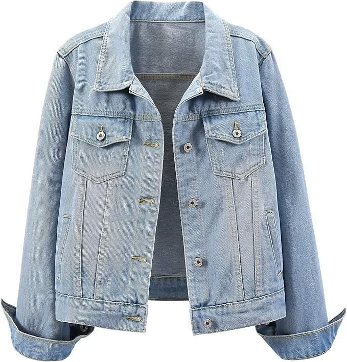 LifeShe Women's Basic Long Sleeve Button Down Distressed Denim Jackets Jean Jacket Coat | Amazon (US)