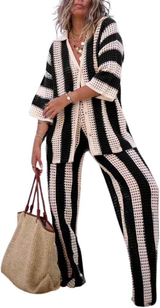 NIFTRIRY Women Cover Up Sets Button Up Tops with Pants Crochet Set Outfit 2 Piece Outfits Vacatio... | Amazon (US)