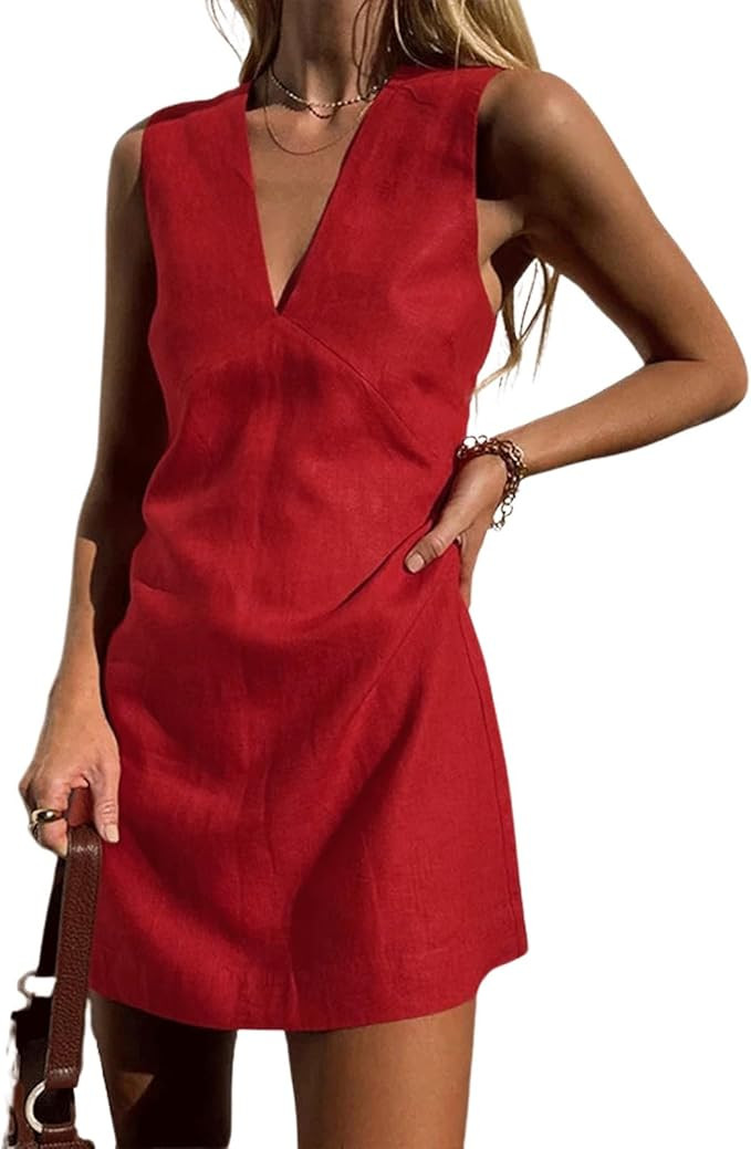 CHARTOU Women's Summer Sleeveless Mini Dress Cotton Linen V Neck Cinched A Line Slim Tank Short D... | Amazon (US)