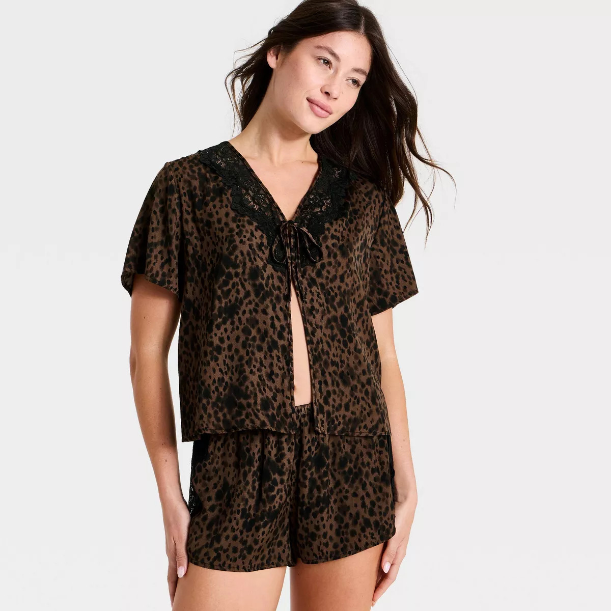 Women's Lace Trim Satin Fly Away Top and Shorts Pajama Set - Auden\u2122 Brown XS | Target