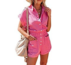 COWOKA Women's Casual Short Sleeve Loose Cotton Jumpsuit Elastic Waist Button Down Pocketed Rompe... | Amazon (US)