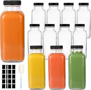 GUANENA 12 Pack Glass Drink Bottles, 12 OZ Vintage Square Water Bottles with Lids, Juice Bottles ... | Amazon (US)