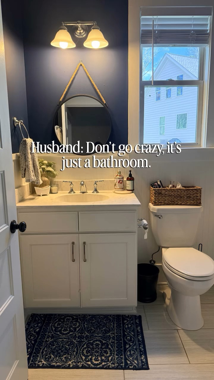 I mean besides straddling the toilet 3’ in the air with a sharp blade, I didn’t go too crazy…there’s still one more detail coming that will really complete the space. 

👉Follow your designer friend who decorates on a budget.

#bathroommakeover #budgethomedecor #powderroommakeover #diybathroom #homeproject
small bathroom makeover, budget bathroom makeover, powder room refresh, bathroom wallpaper, beadboard bathroom, builder grade bathroom, DIY bathroom ideas, designer look for less, bathroom styling ideas, home decor on a budget