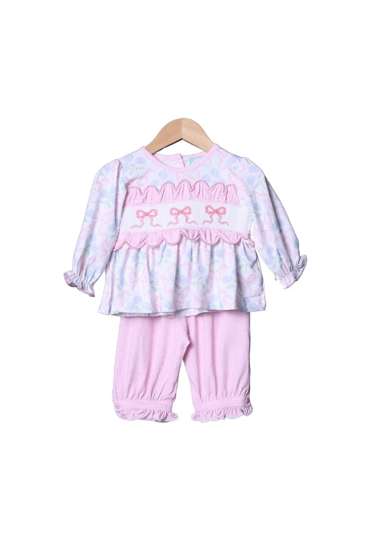 Smocked Bow Hydrangea Pink Gingham Pant Set | The Smocked Flamingo