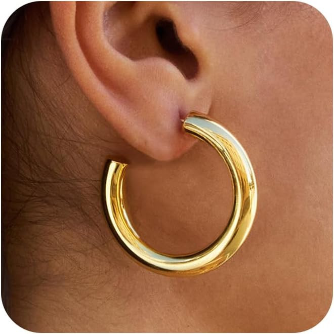 Gold Earrings Hoops: 14K Gold Chunky Earrings, Non Tarnish, Lightweight, Open Tube Design, Hypoal... | Amazon (US)