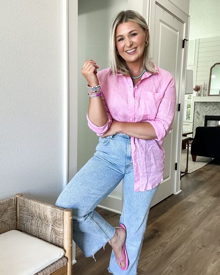 Casual summer outfit of the day 

The jewelry makes the outfit extra special 

Small linen button down 
27 extra short jeans and then I cut them 
Use code KRISTINE20 for 20% off jewelry 

#LTKFindsUnder50 #LTKStyleTip #LTKFindsUnder100