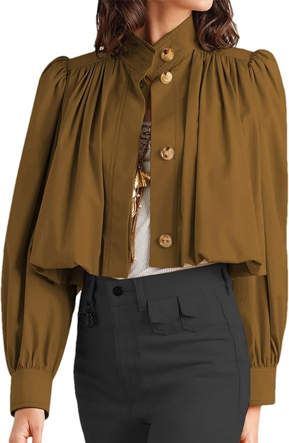 Womens Cropped Pleated Jacket Puff Long Sleeve Button Down Trench Coat Casual Outwear with Pocket... | Amazon (US)