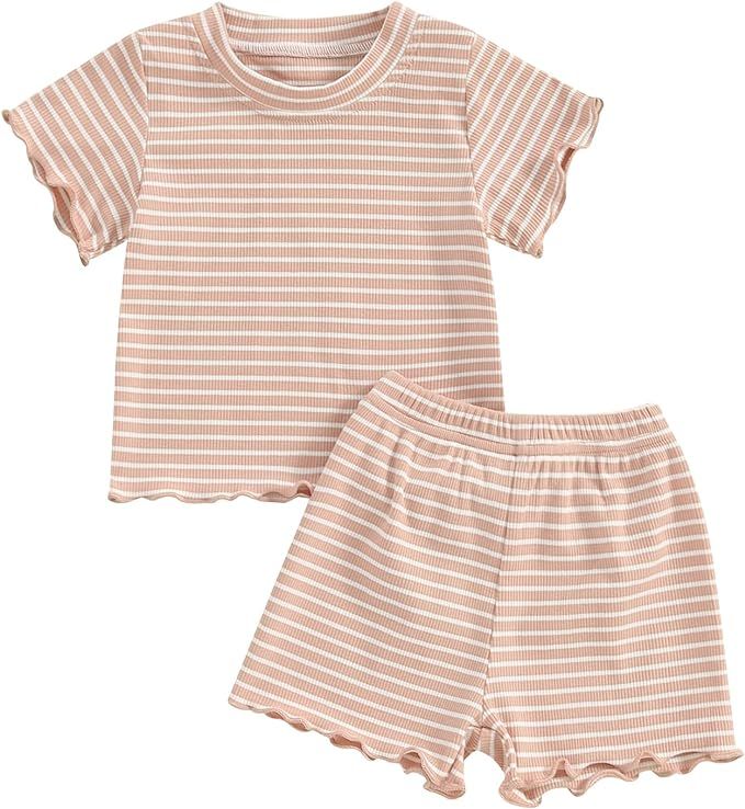 Kupretty Toddler Baby Girl Summer Clothes Ruffle Ribbed Knit Short Sleeves T-Shirt Tops + Shorts ... | Amazon (US)