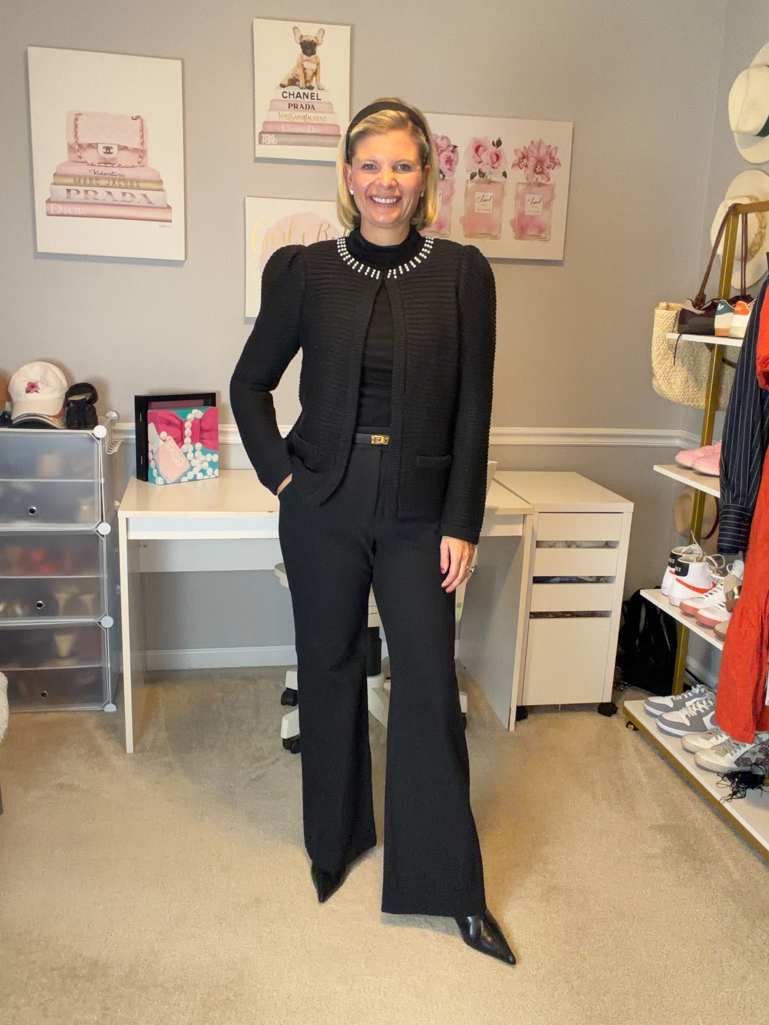 Black mock neck long sleeve TTS
Black stretch bootcut trousers TTs (go up if in between)

#LTKMidsize #LTKWorkwear