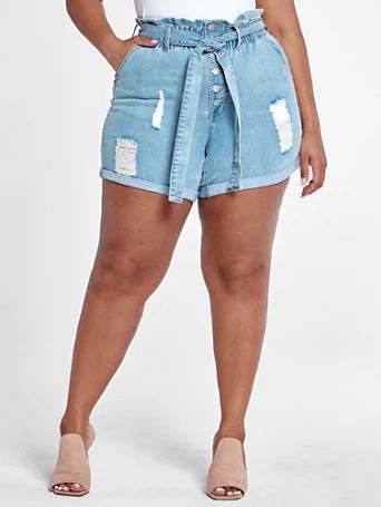 Tie Waist Destructed Cuffed Shorts with Button Fly - Fashion To Figure | Fashion to Figure