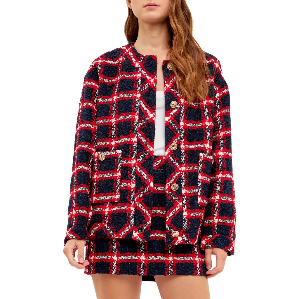 English Factory Plaid Bouclé Tweed Jacket in Navy at Nordstrom, Size X-Small | Nordstrom