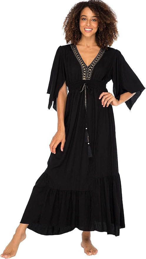 Back From Bali Womens Long Sundress Flowy Boho Beach Maxi Dress with Beaded Deep V Neck, Casual S... | Amazon (US)