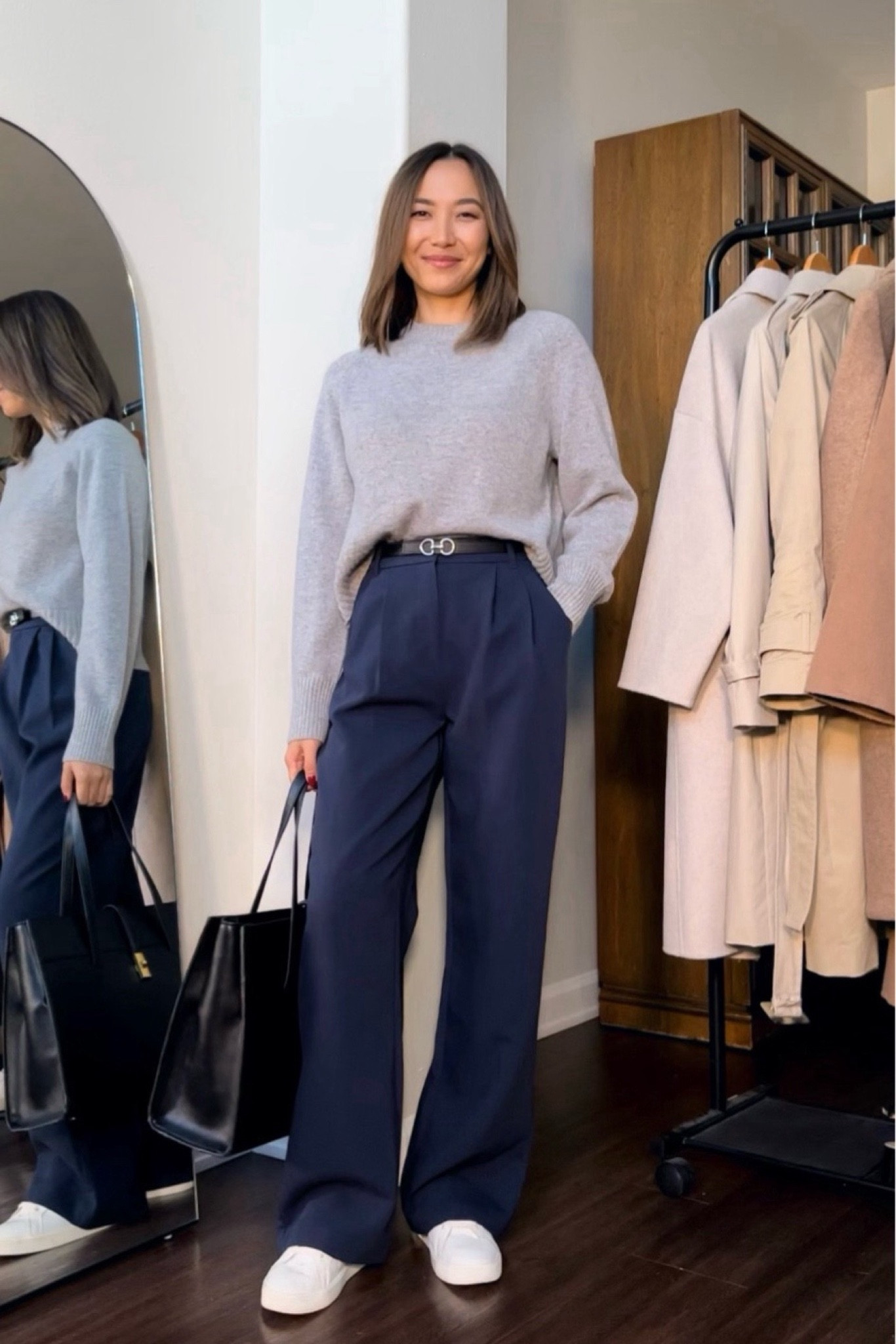 Comfy work outfit for the winter styling navy trousers 

• cashmere sweater - everlane 
• pants - Abercrombie, available in 20 different colors & inseams // I’m wearing 25 regular length, if you’re shorter than 5’4”, I would recommend the shorter length 
• tote bag - sold out, linked to similar 

#LTKSeasonal #LTKworkwear #LTKstyletip