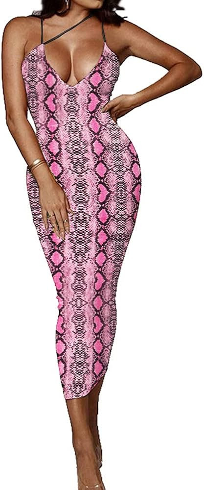 PRIMODA Women's Sexy Neon Asymmetrical Spaghetti Strap Dress Deep V-Neck Sleeveless Bodycon Midi ... | Amazon (US)