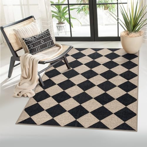 Lahome Checkered Easy Jute 3x5 Entryway Front Porch Rug, Black Diamond Indoor Outdoor Patio Layer... | Amazon (US)