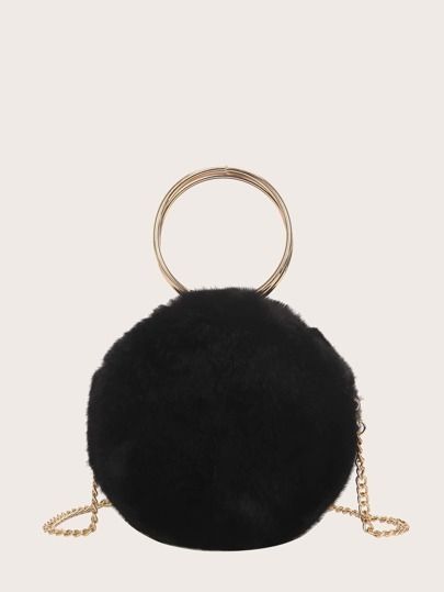 Ring Handle Fuzzy Circle Bag | SHEIN