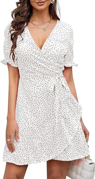 Women's Summer Dress Short Sleeve Dot Print V Neck Ruffle Wrap Sexy Party Beach Dress | Amazon (US)