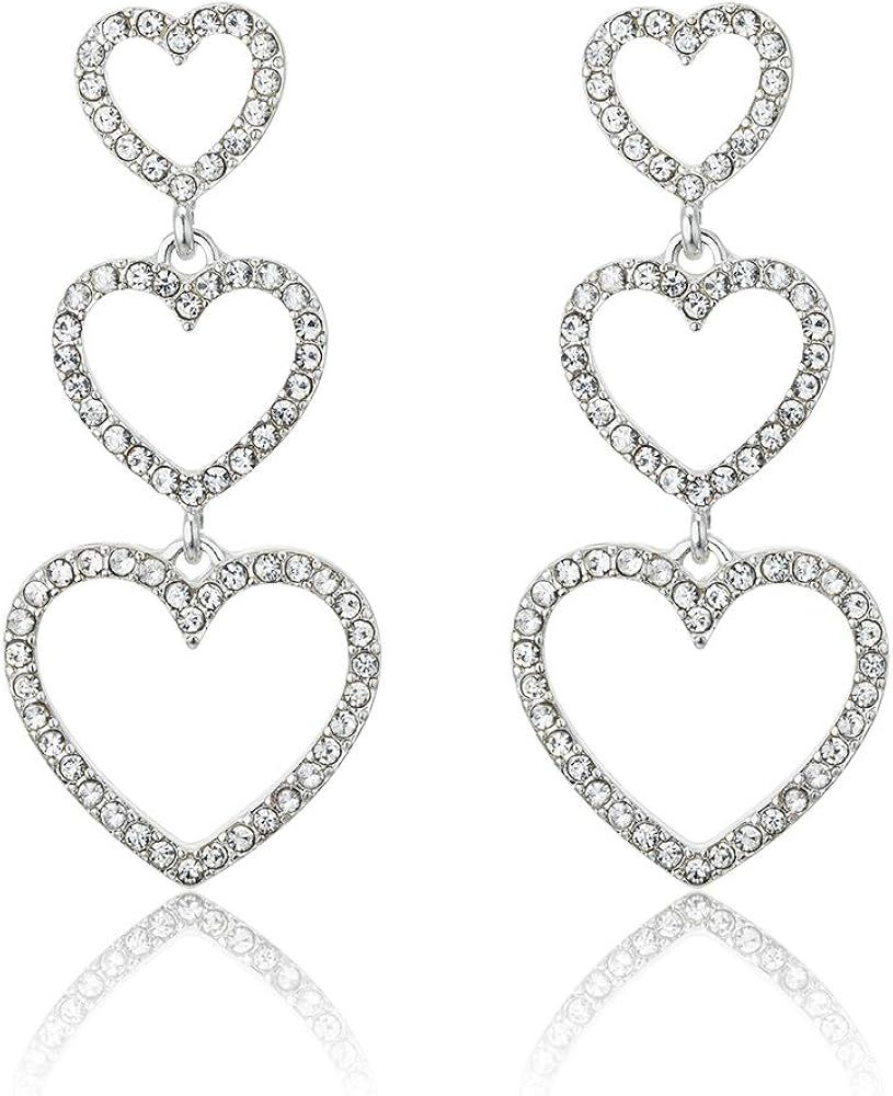 RareLove Bling CZ Crystal Interlocking Three Heart Hollow Dangle Stud Piercing Earrings For Women Gi | Amazon (US)
