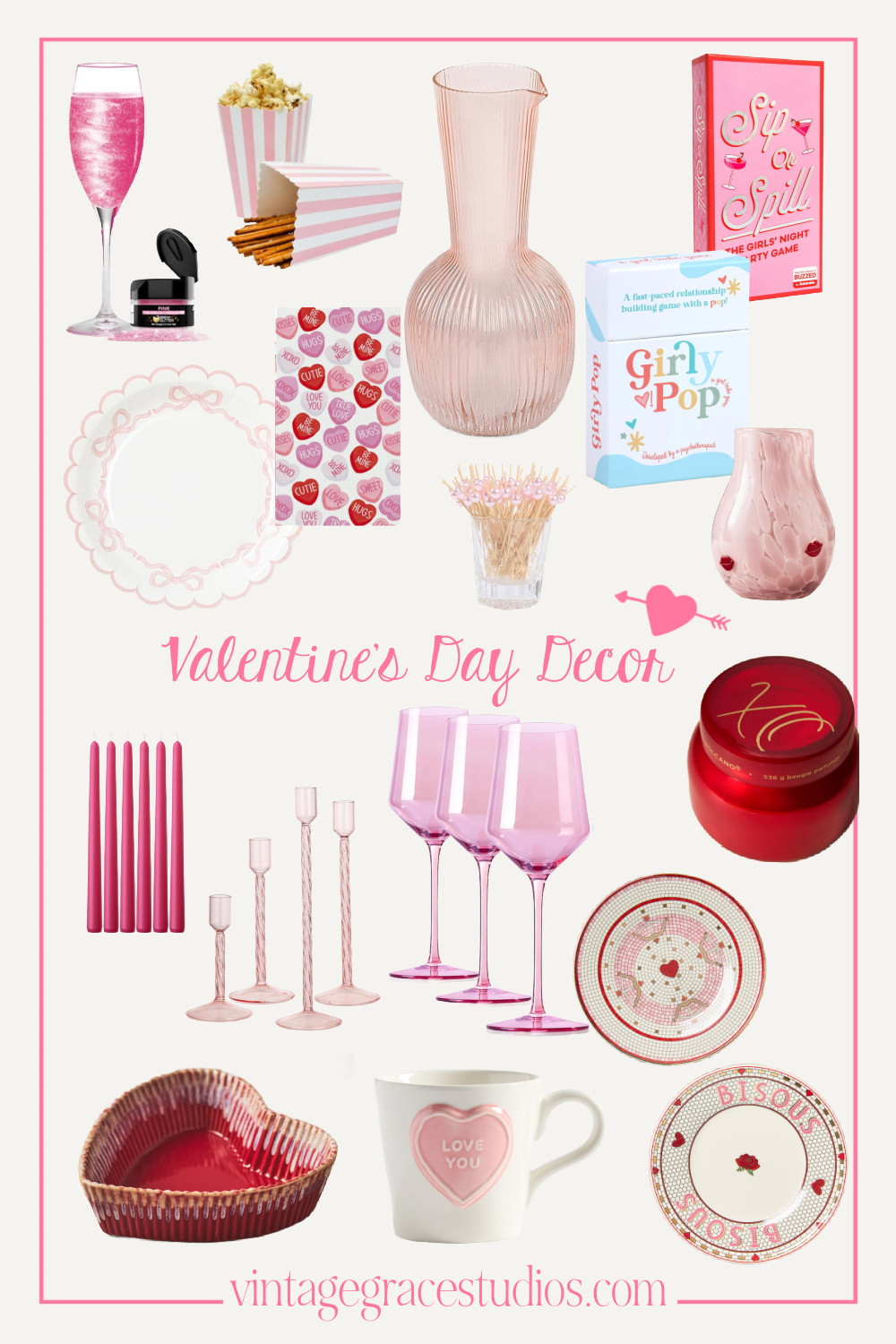 valentines decor for your valentine's day or galentines day party! 

pink wine glasses, edible glitter, candle, anthro plates, vase, valentines day games, baking dish, candlesticks, candlestick holder  

 #LTKSeasonal #LTKHome