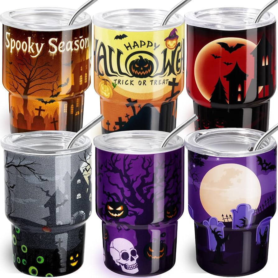 6 Pack 3 oz Halloween Shot Glasses Mini Tumblers with Straw and Lid | Amazon (US)