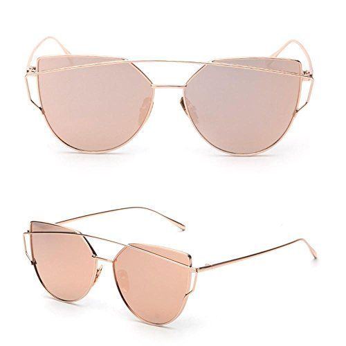 Fashion Sunglasses ,Kinghard Twin-Beams Classic Women Metal Frame Sunglasses Cat Eye Glasses (Rose G | Amazon (US)