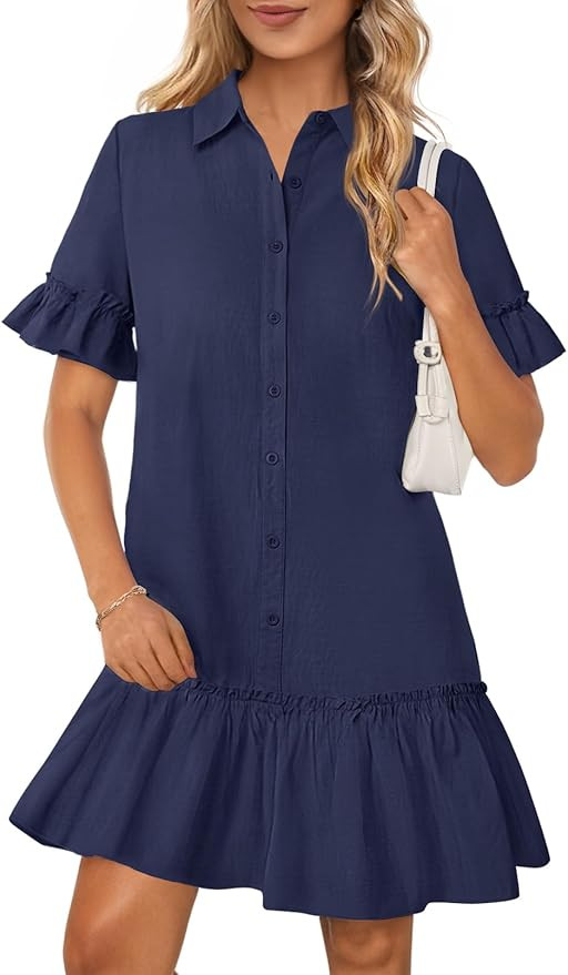 MEROKEETY Women's Summer Button Down Shirt Dress Casual Ruffle Sleeve Shift Mini Dresses with Poc... | Amazon (US)