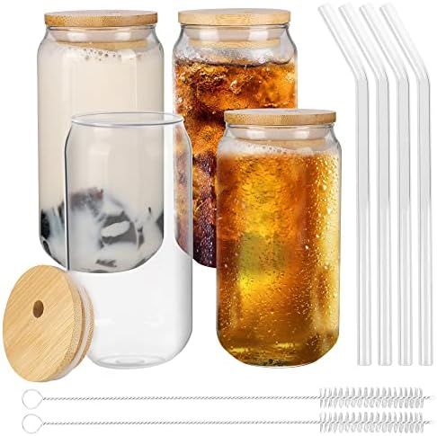 Drinking Glass Cups Set of 4 - Can Shaped Glass Cups, 16oz Beer Glasses with Lids and Glass Straw... | Amazon (US)