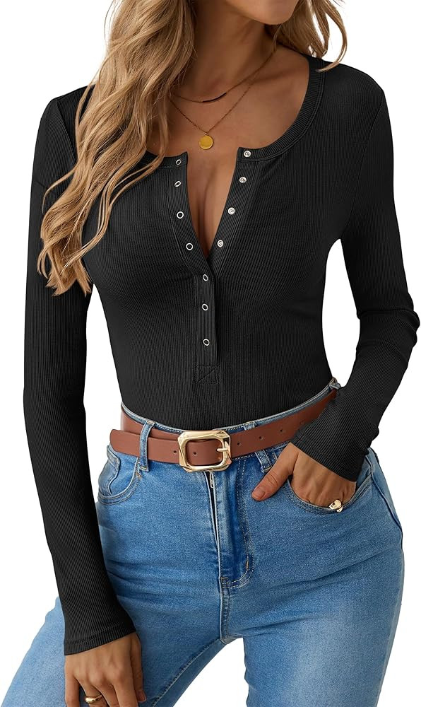 ANRABESS Long Sleeve Shirts for Women Henley Button Down Tops Ribbed Knit Slim Fit Fall Basic Tee... | Amazon (US)