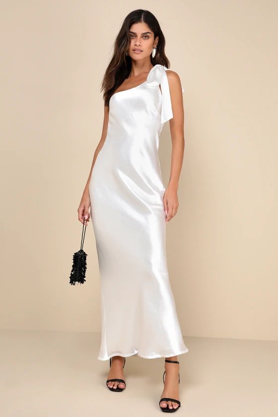 Lavish Looks Ivory Satin One-Shoulder Tie-Strap Maxi Dress | Lulus
