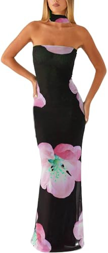 Women Y2k Strapless Pink Floral Maxi Dress and Scarf Set Summer Backless Bodycon Long Satin Tube Dress Formal Cocktail Club Night Out Beach Sundress | Amazon (US)
