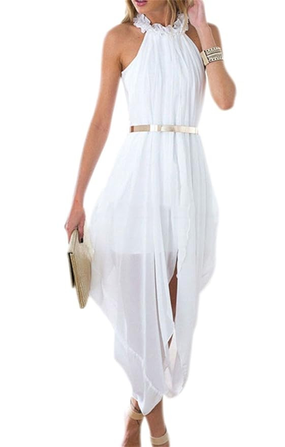 Women's Sheer Chiffon Folds Hi Low Loose Dress Delicate Gold Belt | Amazon (US)