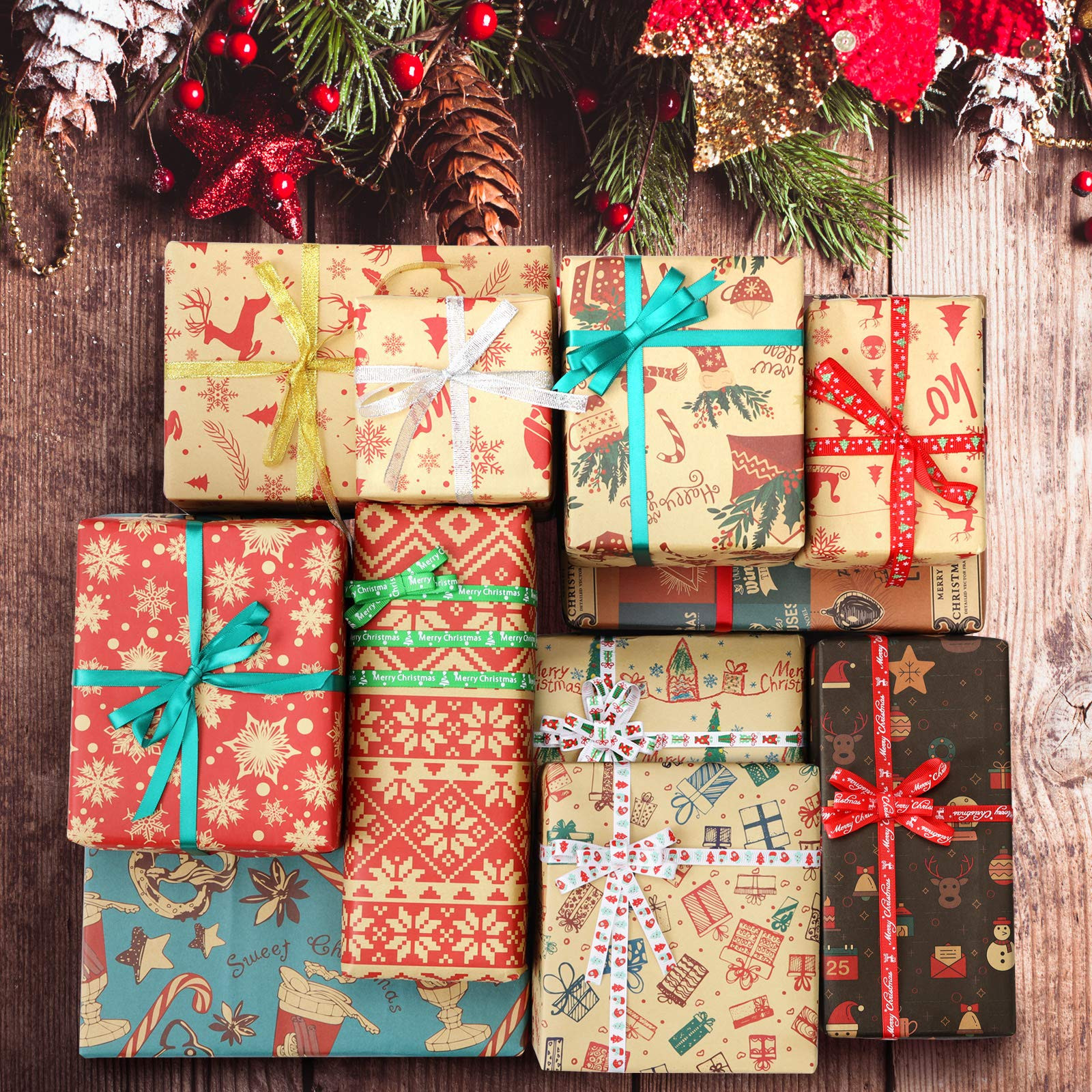 Christmas Ribbons for Gift Wrapping 60 Yards Grosgrain Ribbon Silver Gold Glitter Ribbon for Chri... | Amazon (US)