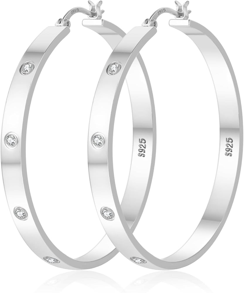 Lightweight Sterling Silver Hoop Earrings for Women 5MM Wide Large Rhinestone Hoop Earrings Spark... | Amazon (US)